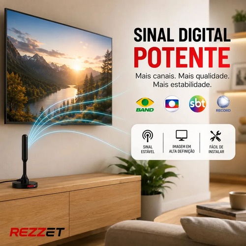 Antena Digital Sinal 4k Smart Tv Interna Externa Samsung LG Led Lcd Amplificador Hdtv Uhf Com Cabo Longo E Base Magnética Rezzet