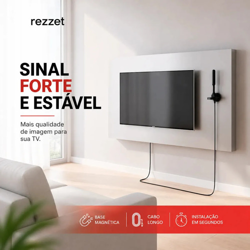 Antena Digital Sinal 4k Smart Tv Interna Externa Samsung LG Led Lcd Amplificador Hdtv Uhf Com Cabo Longo E Base Magnética Rezzet
