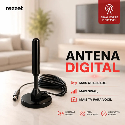 Antena Digital Sinal 4k Smart Tv Interna Externa Samsung LG Led Lcd Amplificador Hdtv Uhf Com Cabo Longo E Base Magnética Rezzet