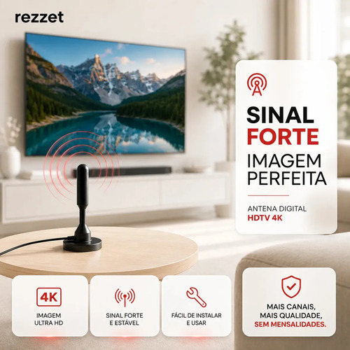 Antena Digital Sinal 4k Smart Tv Interna Externa Samsung LG Led Lcd Amplificador Hdtv Uhf Com Cabo Longo E Base Magnética Rezzet