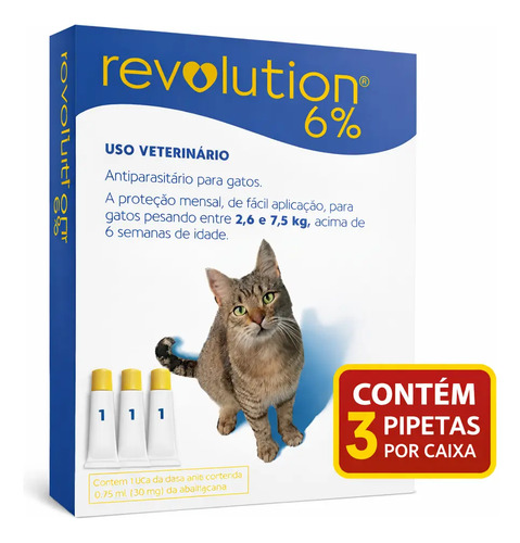 Antipulgas revolution 6 45mg gatos 26 a 75kg c 3 pipetas
