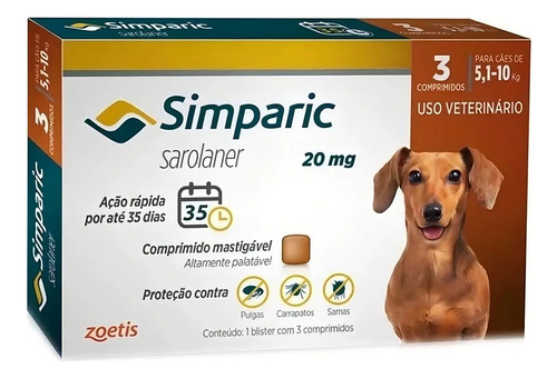 Antipulgas zoetis simparic 20mg caes de 51kg a 10kg 3 compri