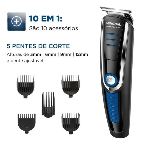 Aparador de Pelos Mondial Super Groom 10 BG-03 6W Bivolt — Completo