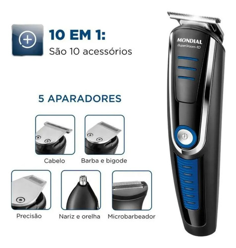 Aparador de Pelos Mondial Super Groom 10 BG-03 6W Bivolt — Completo