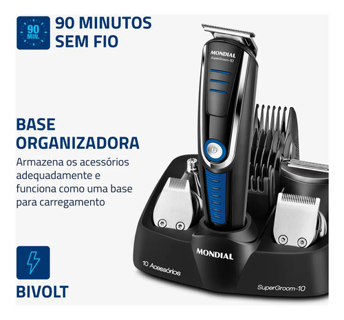 Aparador de Pelos Mondial Super Groom 10 BG-03 6W Bivolt — Completo