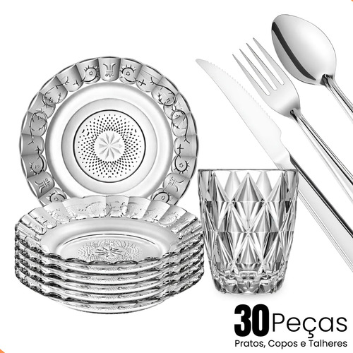 Aparelho De Jantar 30 Peças - Pratos + Copos + Talheres Inox