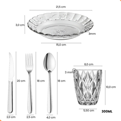 Aparelho De Jantar 30 Peças - Pratos + Copos + Talheres Inox