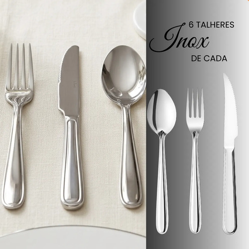 Aparelho De Jantar 30 Peças - Pratos + Copos + Talheres Inox