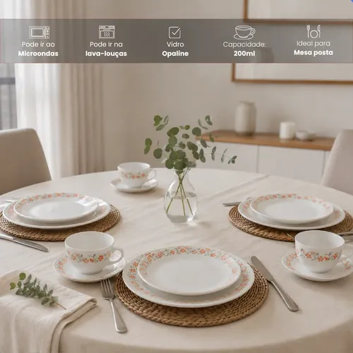 Aparelho De Jantar E Chá/café 20 Peças Vidro Opaline Branco