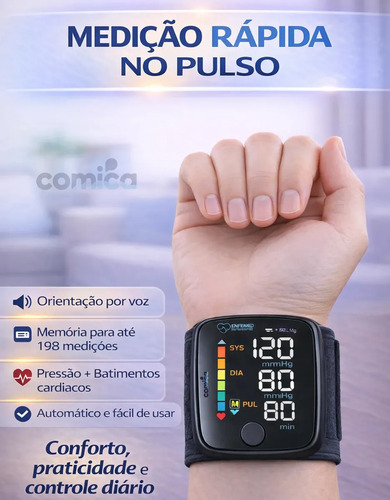 Aparelho Medidor De Pressão Digital Profissional Arterial Elétrico De Pulso Com Voz Em Português Usb Recarregável Medidor Braço Automático Led Comica