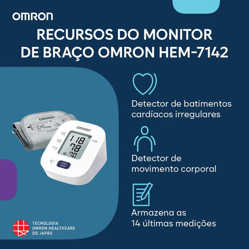 Aparelho Monitor Medidor Pressão Arterial Omron HEM-7142 Monitor Digital Aferidor Esfigmomanômetro com Braçadeira para Braço Portátil Automático ANVISA INMETRO
