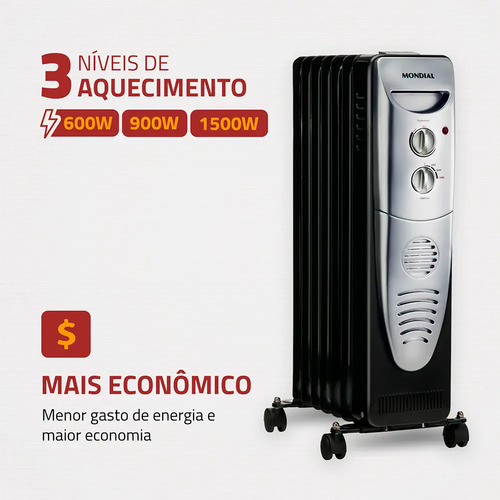 Aquecedor a Óleo Mondial Preto/Prata 1500W A-06