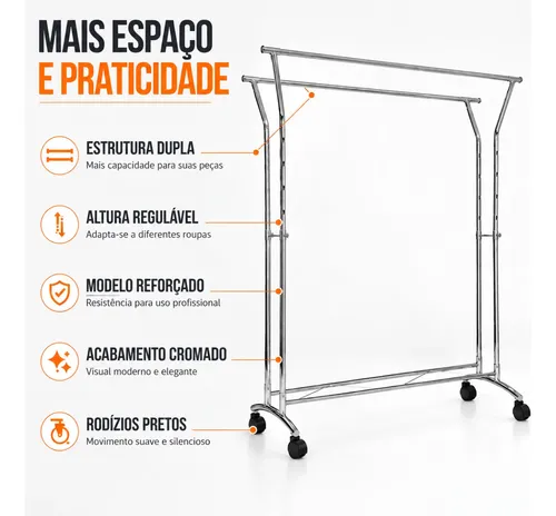 Arara De Chão Dupla Md Regulável Reforçada Cromada Rodinhas