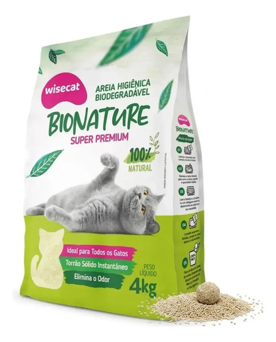Areia de mandioca para gatos biodegradavel wisecat 4kg biona