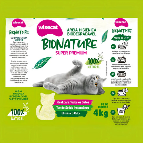 Areia De Mandioca Para Gatos Biodegradável Wisecat 4kg Bionature