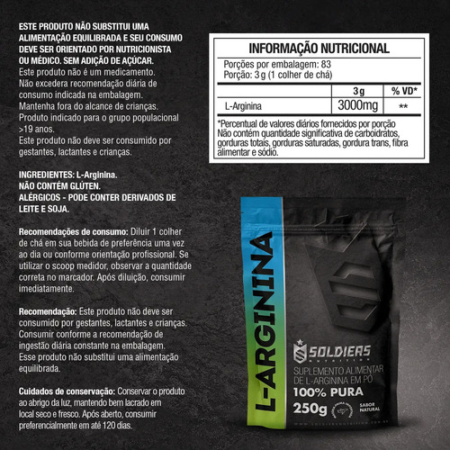 Arginina Em Pó 250g 100% Pura Soldiers Nutrition Performance 100% Pura
