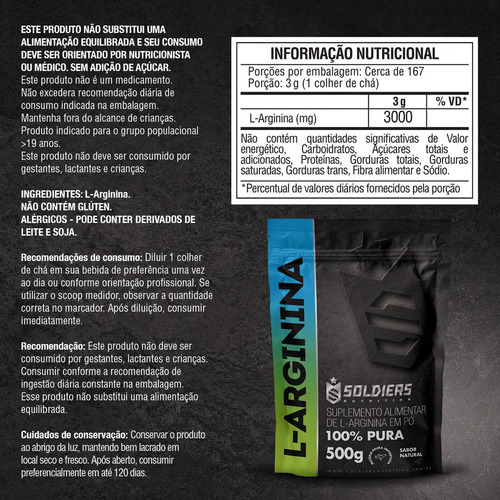 Arginina Em Pó 500g 100% Pura Soldiers Nutrition Performance e Recuperação Muscular