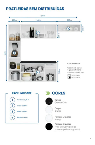 Armário de Cozinha Completa de Aço Itatiaia Pratika 4 Peças 8 Portas 1 Gaveta 210cm Cor Branco/Preto