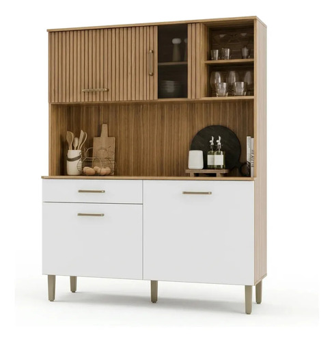 Armário De Cozinha Viena Plus Com Balcão E Gaveta Para Microondas E Forno Mel / Branco M Casa Móveis