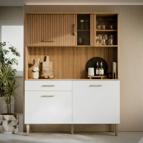 Armário De Cozinha Viena Plus Com Balcão E Gaveta Para Microondas E Forno Mel / Branco M Casa Móveis