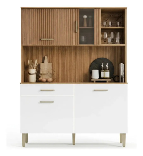 Armário De Cozinha Viena Plus Com Balcão E Gaveta Para Microondas E Forno Mel / Branco M Casa Móveis