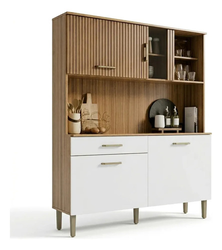 Armário De Cozinha Viena Plus Com Balcão E Gaveta Para Microondas E Forno Mel / Branco M Casa Móveis