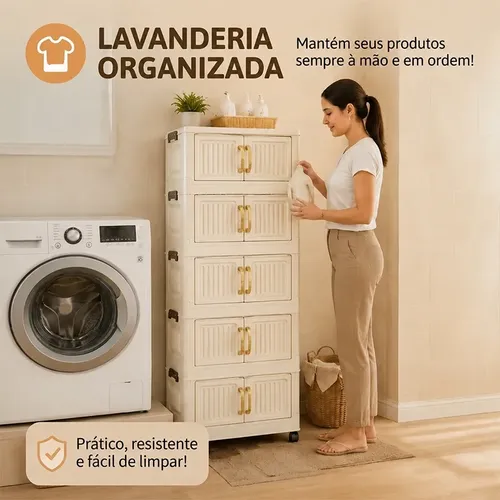 Armário Dobrável 5 Andares C/ Rodas Portas Transp.creme