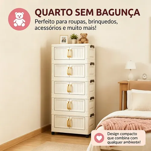 Armário Dobrável 5 Andares C/ Rodas Portas Transp.creme