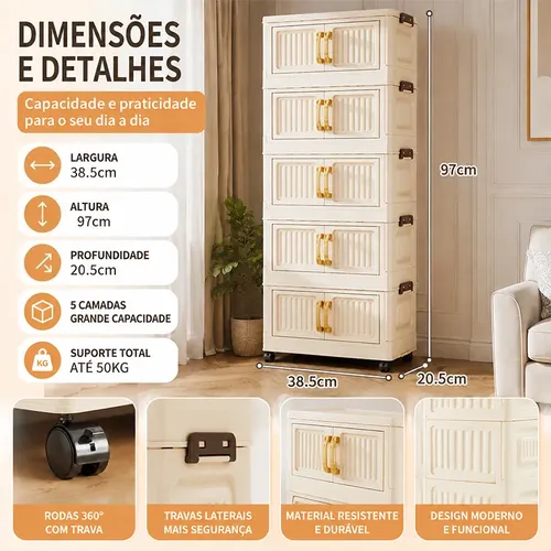 Armário Dobrável 5 Andares C/ Rodas Portas Transp.creme
