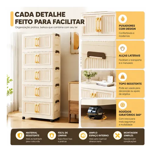 Armário Dobrável 5 Andares C/ Rodas Portas Transp.creme