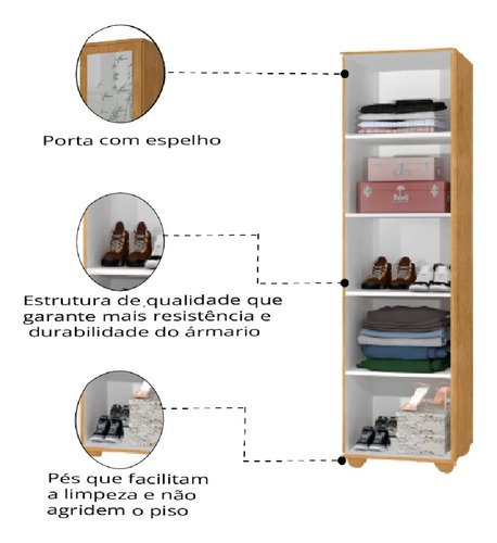 Armário Sapateira Multiuso J&A Móveis Marrie Com Espelho 1 Porta Nature