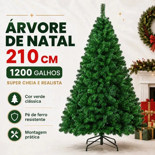 Arvore de natal 210m 1200 galhos verde base metal pinheiro c