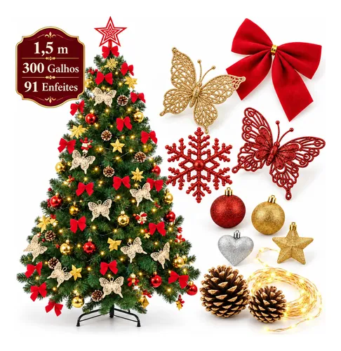 Arvore de natal decorada 15m pinheiro cheia 150cm enfeitada