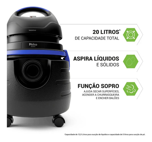 Aspirador de agua e po philco 1500w 20l pas80 cor preto