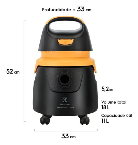 Aspirador de Pó e Água Electrolux 1400W 18 Litros 6,2 raio de ação Compacto Potente Função Sopro protetor térmico AQP20