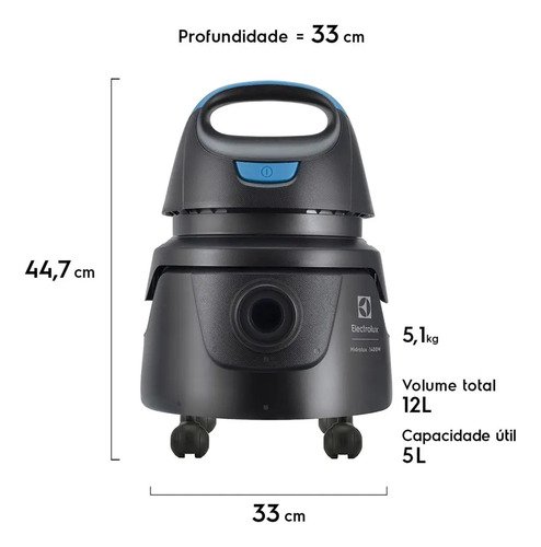 Aspirador de Pó e Água Electrolux Compacto Potente 1400W Função Sopro 12L total 5L útil protetor térmico AWD01