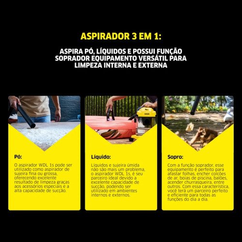 Aspirador de Pó e Água Kärcher WDL 1s 1700 W Tanque Inox 12 litros Com soprador