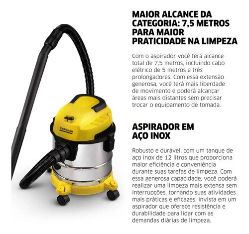 Aspirador de Pó e Água Kärcher WDL 1s 1700W Tanque 12L Alcance de 7,5 m Filtro HEPA e Função Soprador