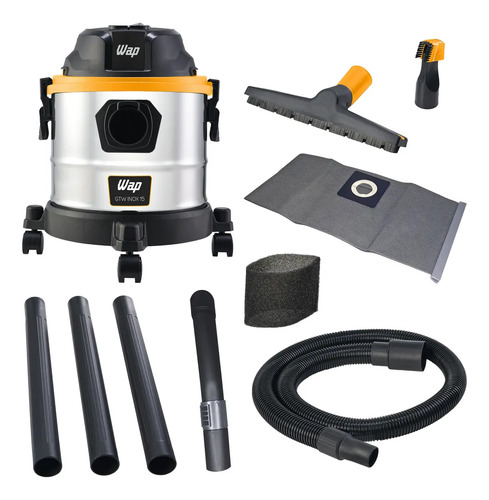 Aspirador de Pó e Água WAP GTW Inox 15 Barril 1700W com Bocal de Sopro e Acessórios