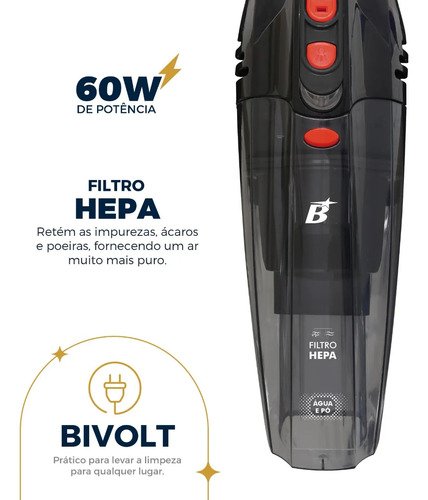 Aspirador De Pó Portátil Bas01 Pó E Água Bivolt 60w Britânia Cinza