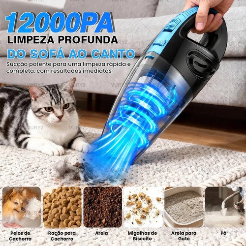 Aspirador de Pó Portátil Sem Fio, Motor Potente 240W, 60000RPM e Sucção 12000Pa, Bateria Recarregável 6000mAh, Aspirador de Mão com 3 Bicos, 3 Filtros Laváveis, 25min Autonomia para Carro Casa Escritó