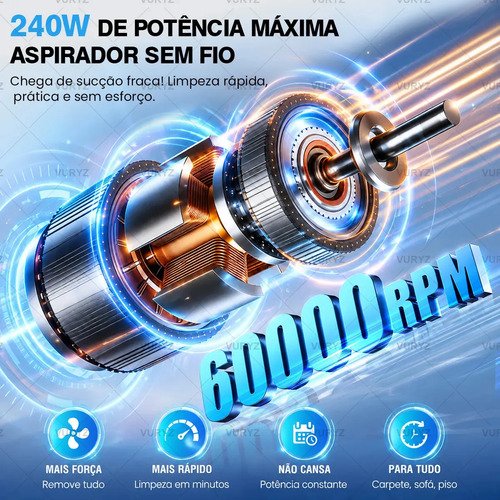 Aspirador de Pó Portátil Sem Fio, Motor Potente 240W, 60000RPM e Sucção 12000Pa, Bateria Recarregável 6000mAh, Aspirador de Mão com 3 Bicos, 3 Filtros Laváveis, 25min Autonomia para Carro Casa Escritó