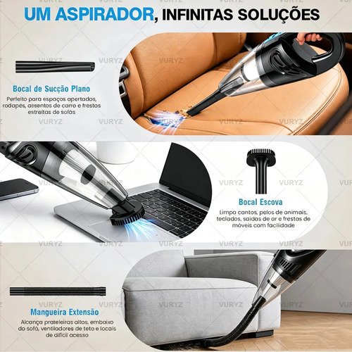 Aspirador de Pó Portátil Sem Fio, Motor Potente 240W, 60000RPM e Sucção 12000Pa, Bateria Recarregável 6000mAh, Aspirador de Mão com 3 Bicos, 3 Filtros Laváveis, 25min Autonomia para Carro Casa Escritó