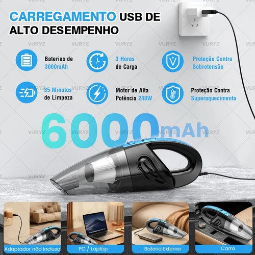 Aspirador de Pó Portátil Sem Fio, Motor Potente 240W, 60000RPM e Sucção 12000Pa, Bateria Recarregável 6000mAh, Aspirador de Mão com 3 Bicos, 3 Filtros Laváveis, 25min Autonomia para Carro Casa Escritó