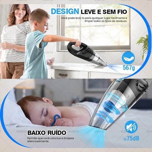 Aspirador de Pó Portátil Sem Fio, Motor Potente 240W, 60000RPM e Sucção 12000Pa, Bateria Recarregável 6000mAh, Aspirador de Mão com 3 Bicos, 3 Filtros Laváveis, 25min Autonomia para Carro Casa Escritó