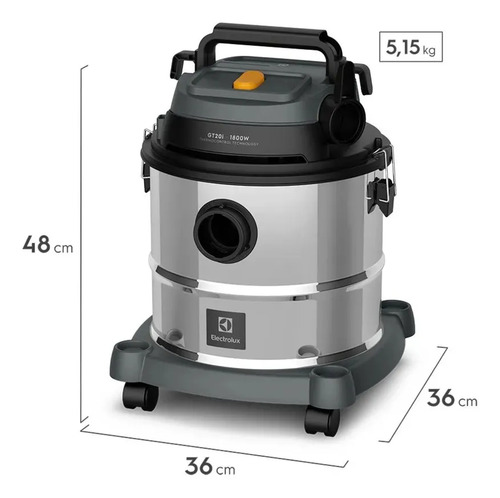 Aspirador Pó e Água Electrolux GT20i 1800W 20L total 15L útil função Sopro Compacto Líquidos Químicos protetor térmico Inox