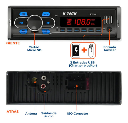 Auto Rádio MP3 H-Tech HT-1023 Bluetooth USB SD FM Controle Remoto