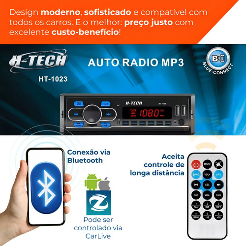 Auto Rádio MP3 H-Tech HT-1023 Bluetooth USB SD FM Controle Remoto