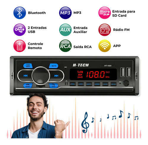Auto Rádio MP3 H-Tech HT-1023 Bluetooth USB SD FM Controle Remoto