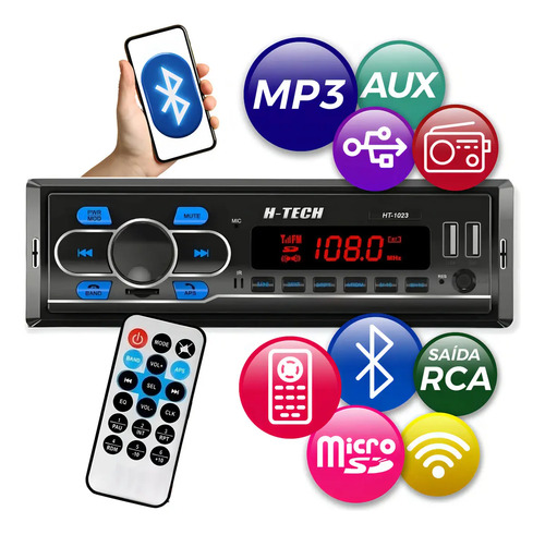 Auto Rádio MP3 H-Tech HT-1023 Bluetooth USB SD FM Controle Remoto